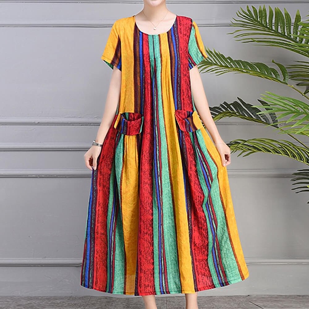 Women Cotton Linen Loose Dress Print Half Sleeves Oversized Casual Dresses