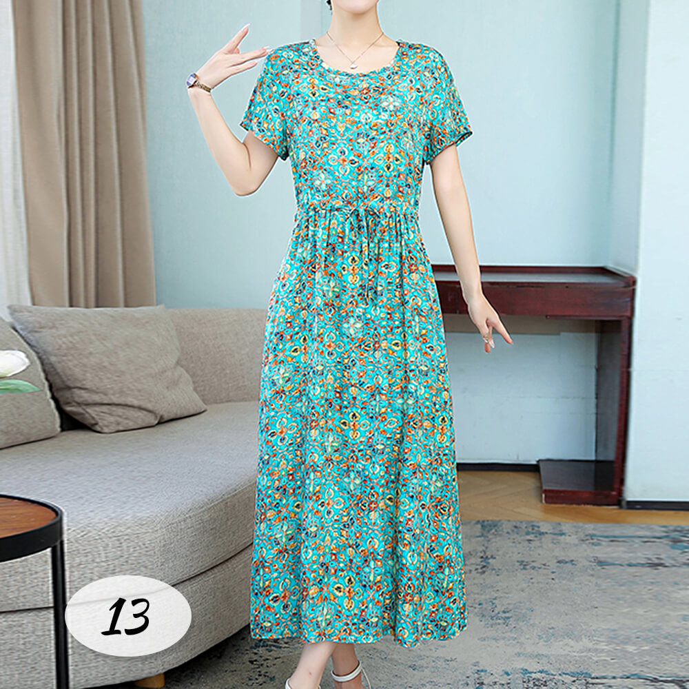 Women's Summer Casual Short Sleeve Smocked Waist Boho Floral Flowy Maxi Dress