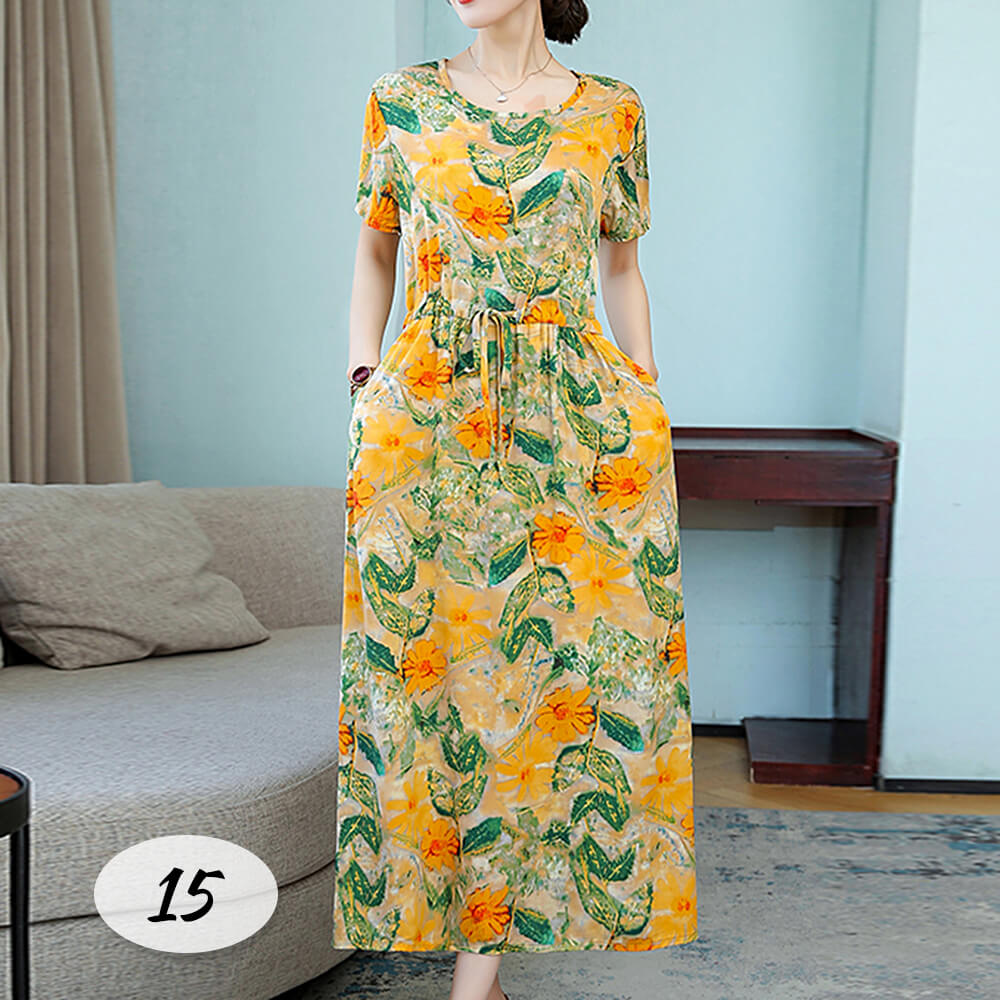 Women's Summer Casual Short Sleeve Smocked Waist Boho Floral Flowy Maxi Dress
