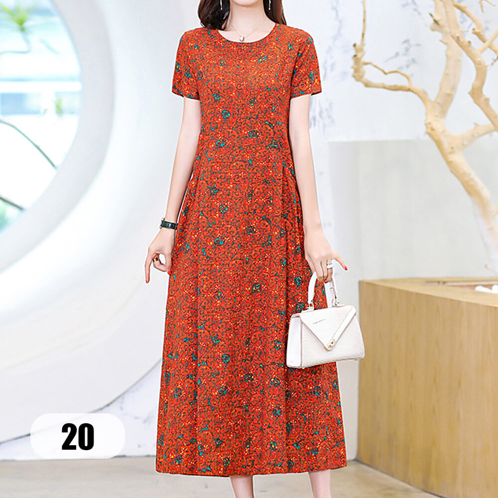 Women's Short Sleeve Round Neck Casual Summer Flowy Maxi Dresses with Pockets