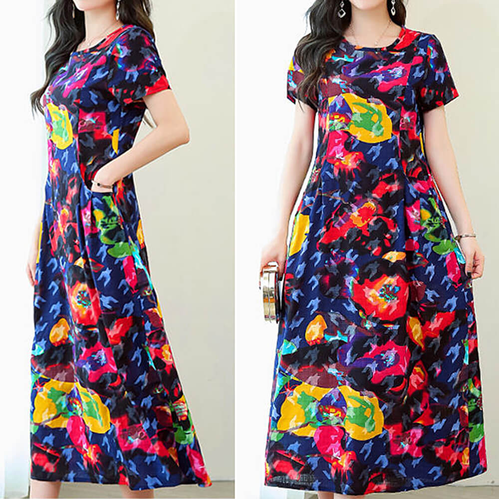 Women's Short Sleeve Round Neck Casual Summer Flowy Maxi Dresses with Pockets