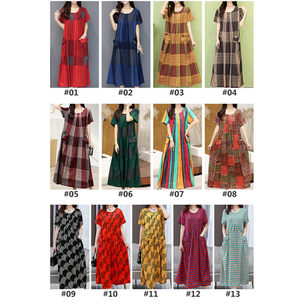 Women Cotton Linen Loose Dress Print Half Sleeves Oversized Casual Dresses