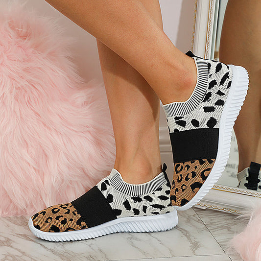 Women's Athletic Walking Shoes Casual Knit Stretch Leopard Slip-on Sneakers