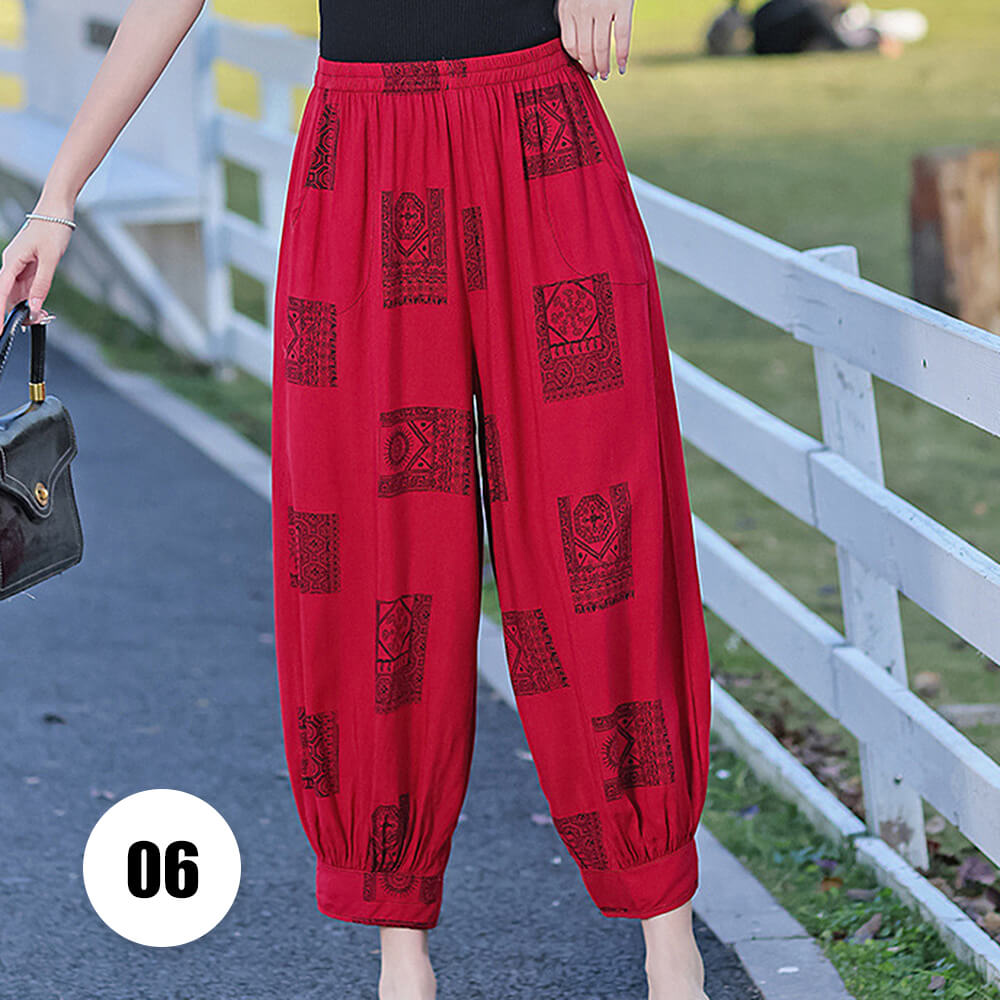 Women’s Harem Pants Boho Print Cropped Trousers Summer Casual Loose Baggy Pants with Pockets